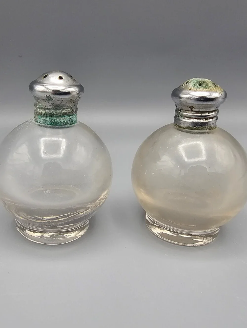 Vintage Small Round Glass Salt and Pepper Shakers with Metal Tops
